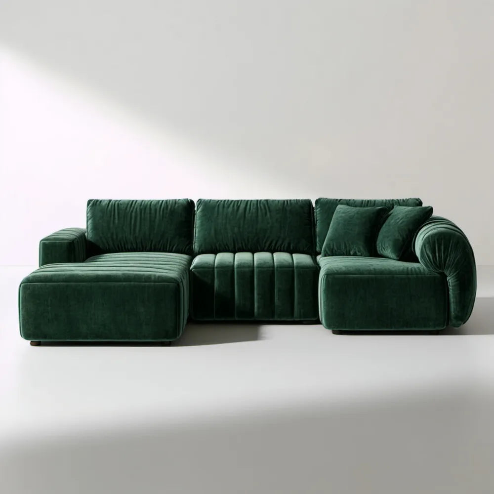 Modułowa sofa narożna z lewostronnym szezlongiem, aksamit poliestrowy, ciemnozielona, 290 x 170 x 78 cm