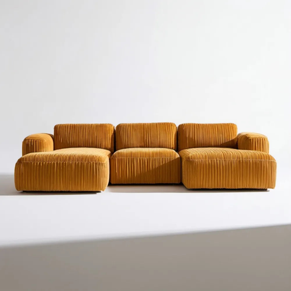 Modułowy narożnik 3-osobowy z lewostronnym szezlongiem, sztruksowy, musztardowy, 290 × 160 × 75 cm