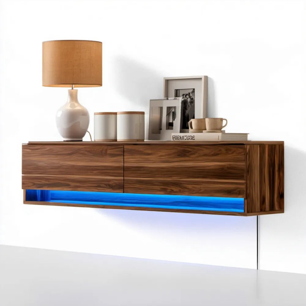 Wisząca komoda z fornirem orzechowym i niebieskim oświetleniem LED, 180 x 40 x 45 cm