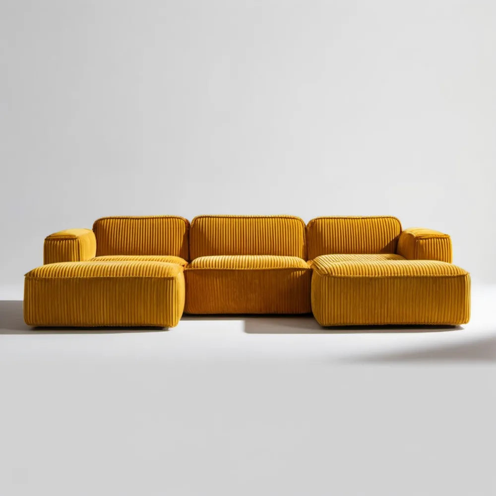 Musztardowa sofa trzyosobowa ze sztruksową tapicerką 230 x 95 x 78 cm