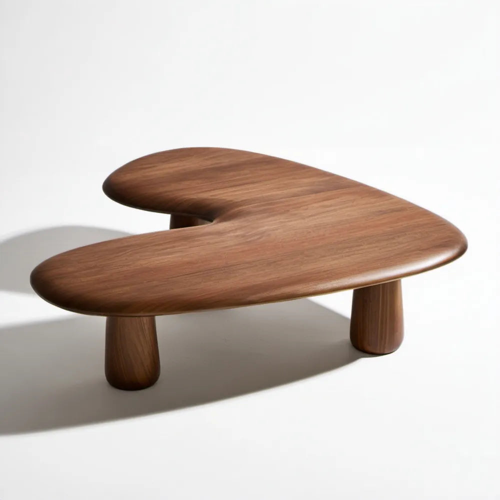 Brązowy stolik kawowy z MDF z fornirem orzechowym, 110 × 70 × 38 cm, organiczny kształt