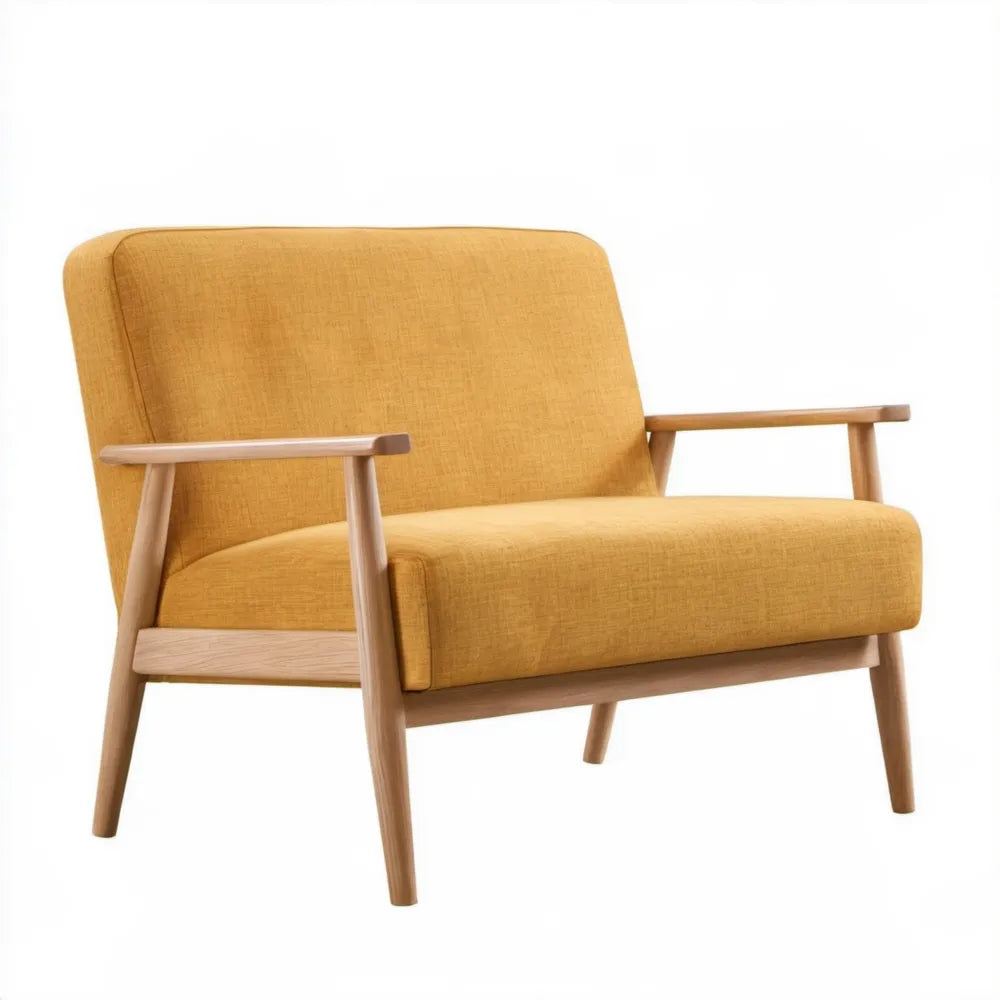 Dwuosobowa sofa skandynawska musztardowa z jasnobrązowym drewnem 120 x 75 x 80 cm