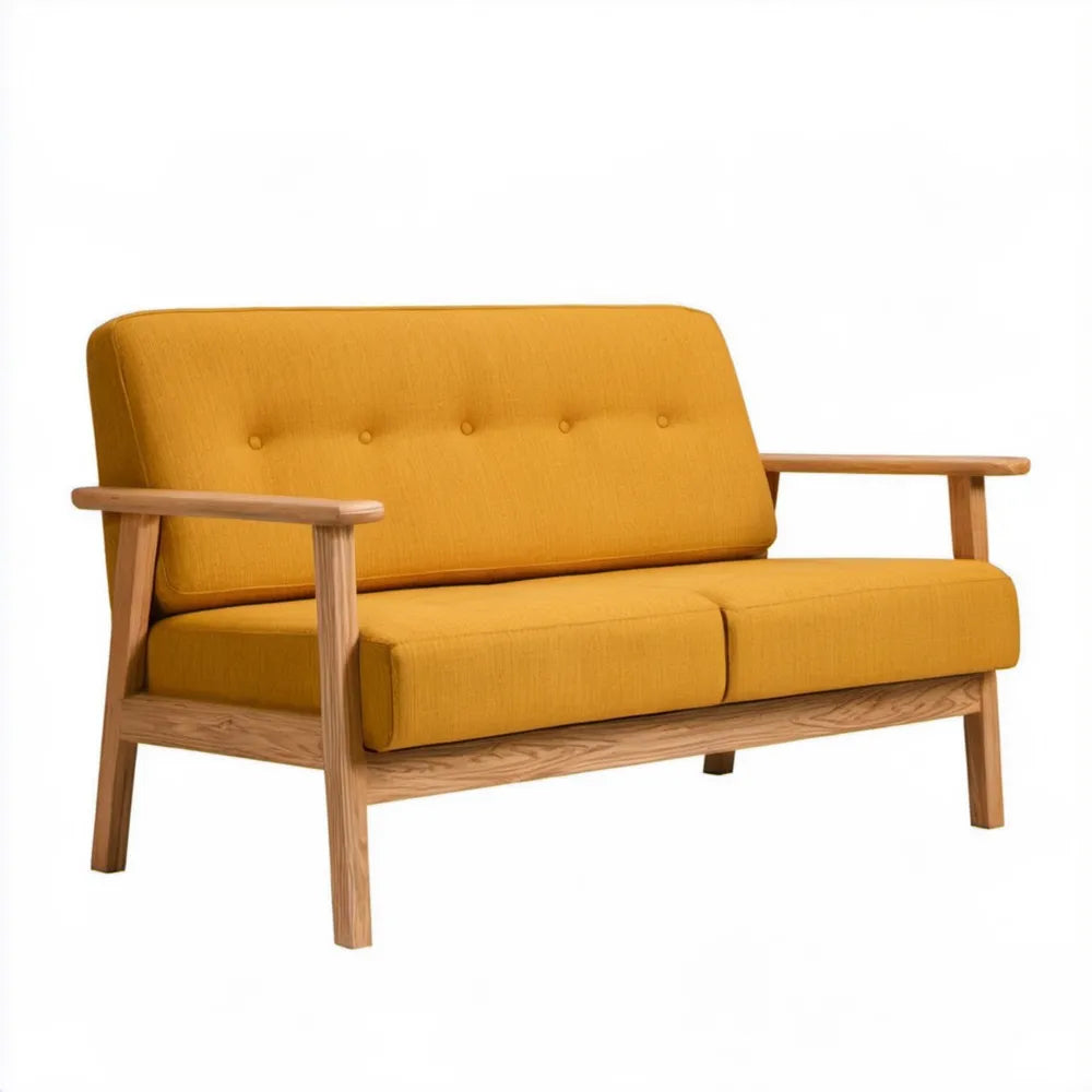 Musztardowa sofa dwuosobowa z drewna jesionowego, 130 x 75 x 80 cm