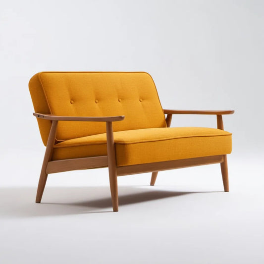 Musztardowa sofa dwuosobowa retro z drewnianymi podłokietnikami 120 x 75 x 80 cm