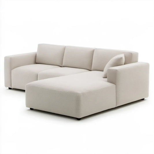 Kremowa sofa narożna prawostronna z szezlongiem, tkanina poliestrowa, 260 x 160 x 85 cm