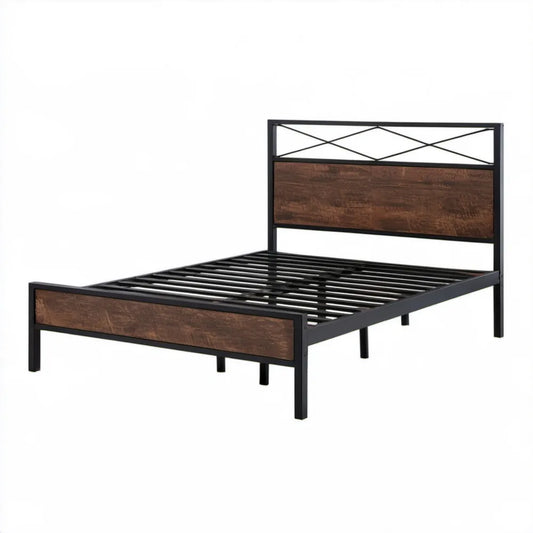 Łóżko dwuosobowe 140 x 200 cm z metalową ramą i panelami MDF, czarno-brązowe