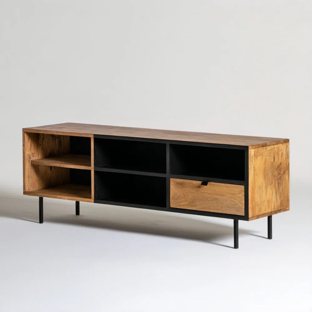 Szafka RTV z litego drewna mango, brązowo-czarna, 160 × 40 × 55 cm