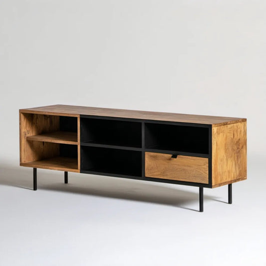 Szafka RTV z litego drewna mango, brązowo-czarna, 160 × 40 × 55 cm