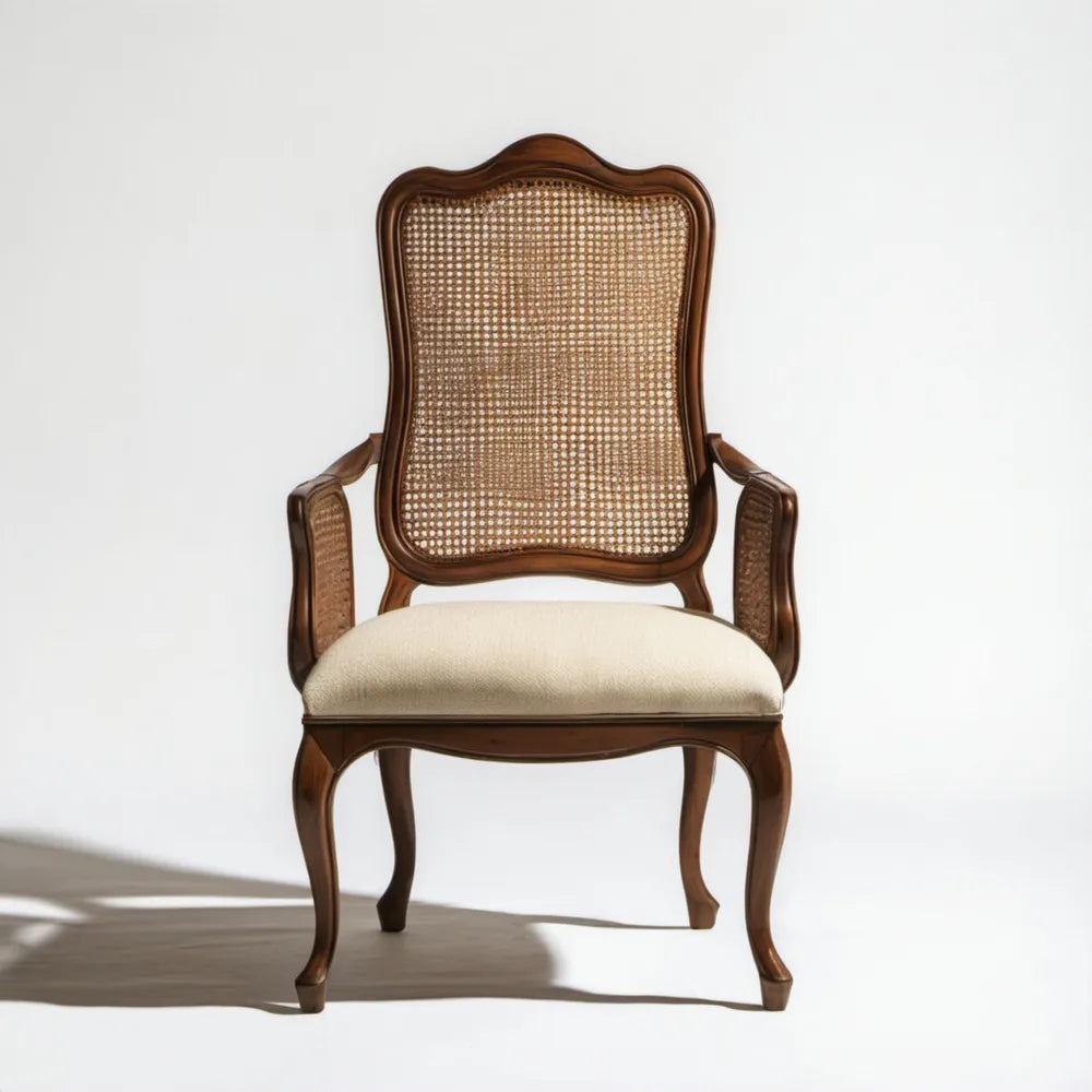 Fotel klasyczny z litego drewna i naturalnego rattanu brązowo-kremowy 58 x 62 x 102 cm