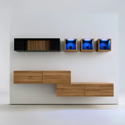 Wiszący zestaw 6 elementów z oświetleniem LED, czarny/orzechowy/niebieski, 280 × 180 × 30 cm