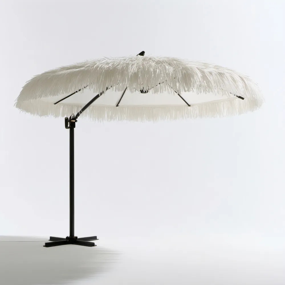 Boczny parasol ogrodowy boho z białymi frędzlami, 270 x 270 x 245 cm, biały/czarny