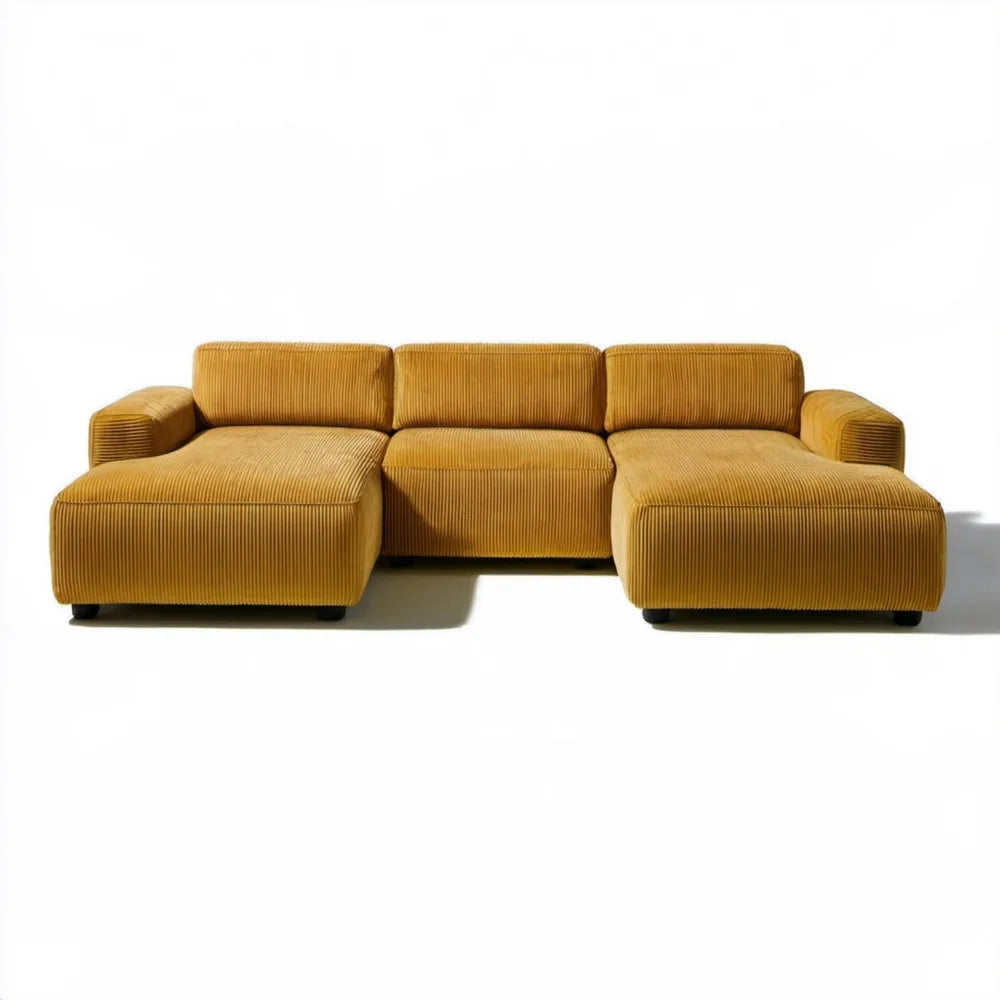 Musztardowa sofa modułowa 3-osobowa w kształcie U, sztruksowa, 300 x 160 x 75 cm
