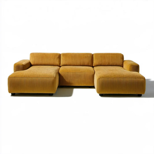 Musztardowa sofa modułowa 3-osobowa w kształcie U, sztruksowa, 300 x 160 x 75 cm