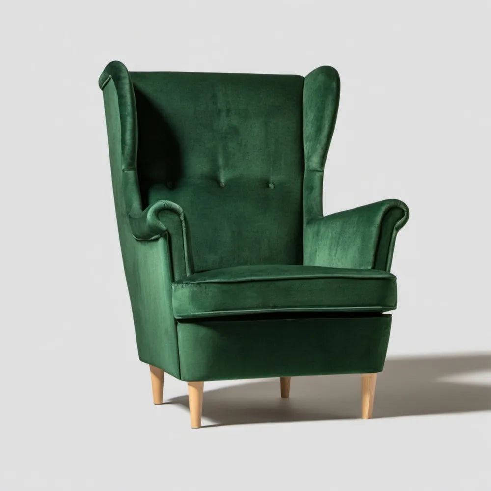 Ciemnozielony fotel uszak z aksamitu, 78 x 88 x 108 cm